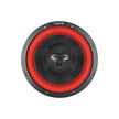 A circular speaker from Cerwin Vega, featuring a black center with a textured black surface, highlighted by a red ring. The speaker has a visible screw-studded black rim, while 