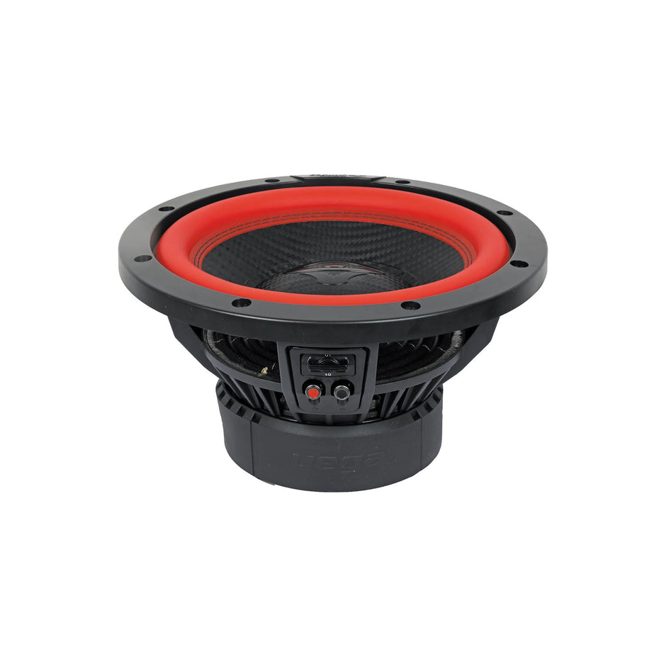 A compact Cerwin Vega 2025 Edition Subwoofer, featuring a black body with a red outer rim and connecting terminals beneath the cone. The circular design includes the 