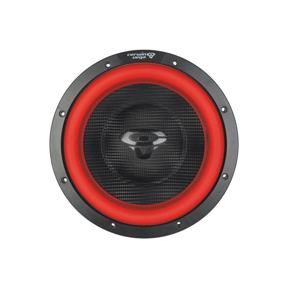 The Cerwin Vega 2025 Edition V12DV2 subwoofer features a round design with a black casing, red accent ring, and central black and silver cone. It showcases a textured surface pattern and the white Cerwin Vega logo at the top.
