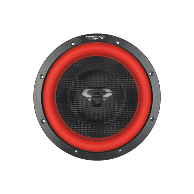 The Cerwin Vega Vega 2025 Edition 12" subwoofer features a black housing with a red edge accent, textured black center pattern, metallic tweeter, and visible brand logo. Screw holes are evenly spaced around the rim.