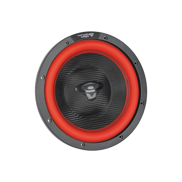 The Vega 2025 Edition Subwoofer by Cerwin Vega boasts a sleek, modern design featuring a black carbon-fiber cone with red rubber surround, a silver logo at the center, and black rim details with bolts. Branding text is prominently displayed, ensuring both durability and style.