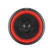 The Cerwin Vega 2025 Edition V15DV4 subwoofer features a sleek, modern design with a bold red surround and black carbon-fiber pattern cone. The center showcases the Cerwin-Vega logo with a stylized 
