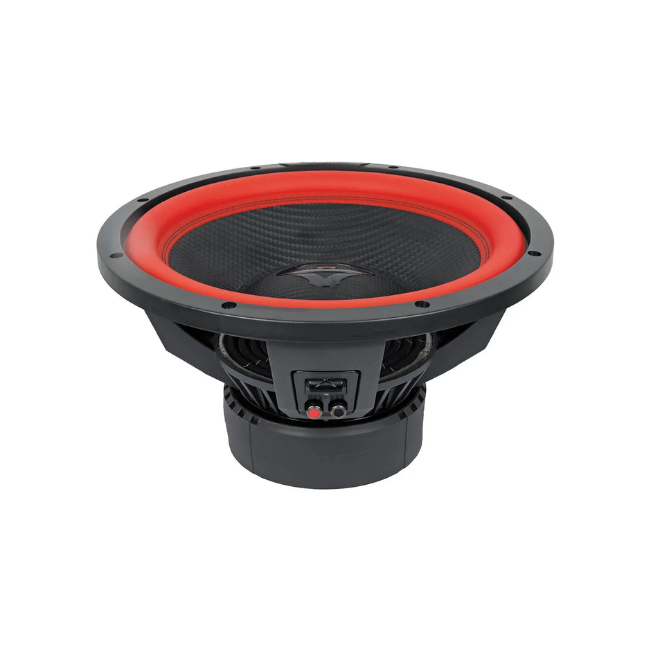 Close-up image of the Cerwin Vega Vega 2025 Edition Subwoofer - V15DV4. The black and red subwoofer features a prominent red surround, a textured dark cone, visible coil, and connection terminals, designed for audio systems with its 15