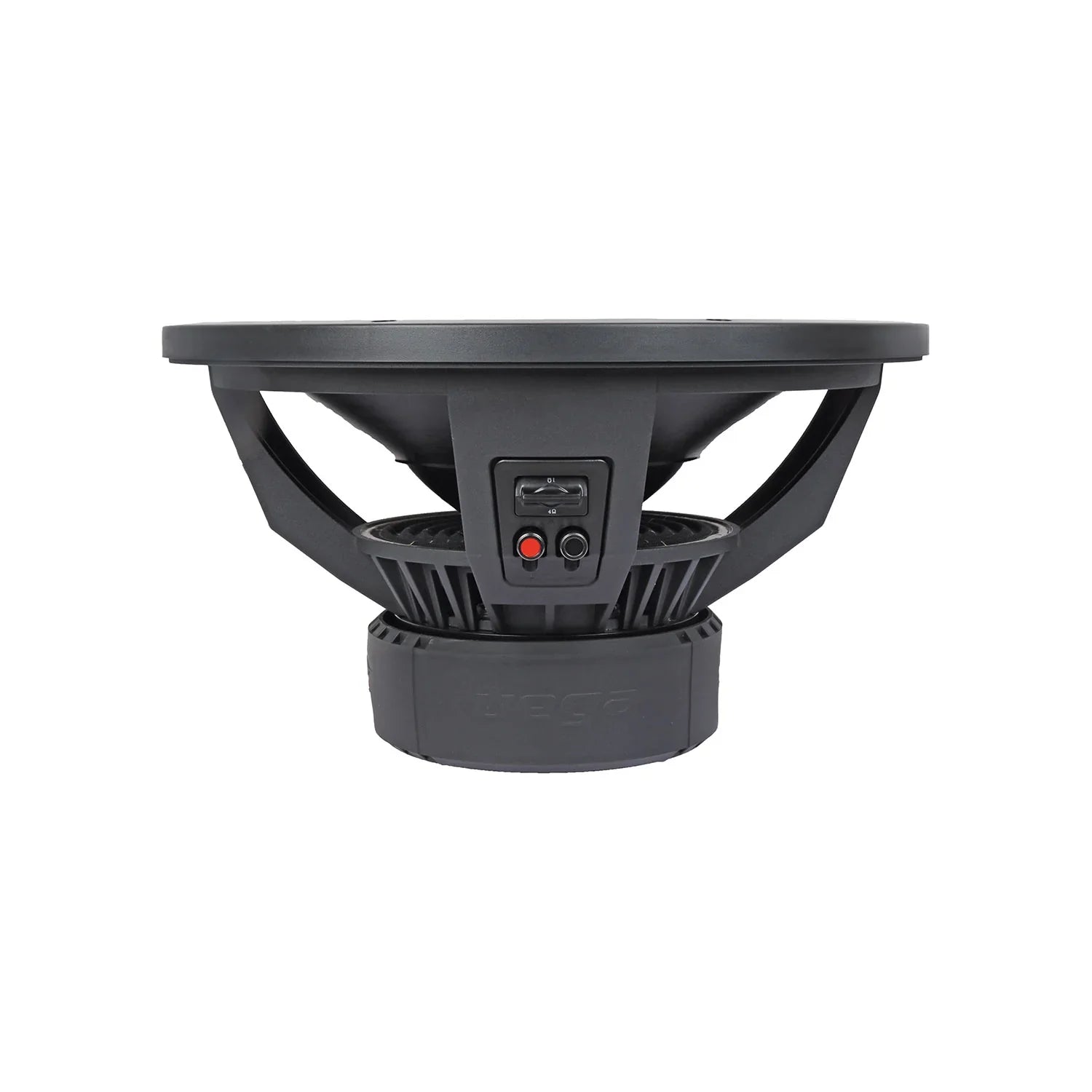 The Cerwin Vega Vega 2025 Edition Subwoofer (V15DV4) features a modern, sleek look with a large black circular cone on a sturdy frame. The slotted, finned base design ensures air circulation. Red and black terminal connections are visible on the back panel of this 15