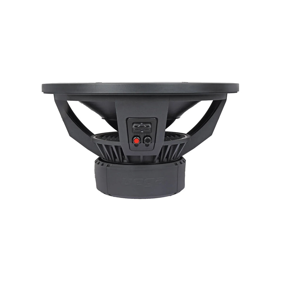 The Cerwin Vega Vega 2025 Edition Subwoofer (V15DV4) features a modern, sleek look with a large black circular cone on a sturdy frame. The slotted, finned base design ensures air circulation. Red and black terminal connections are visible on the back panel of this 15