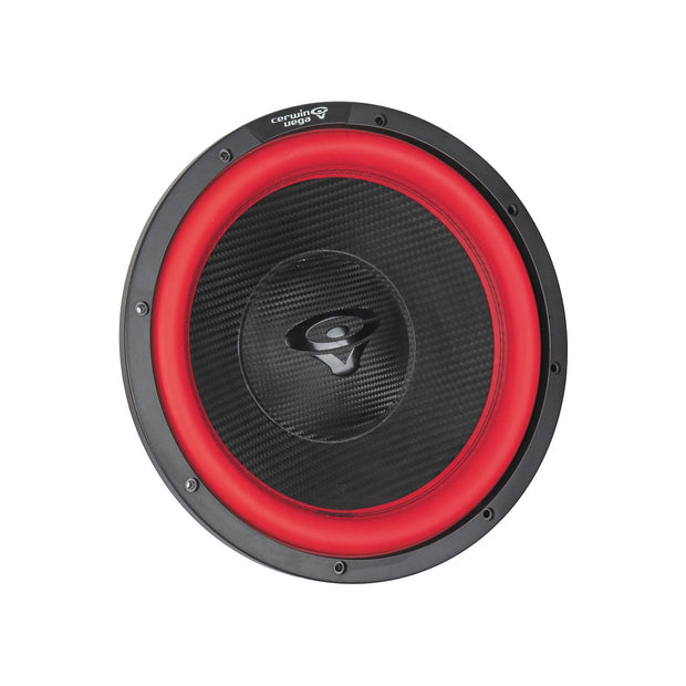The Vega 2025 Edition Subwoofer - V15DV2 is a black and red, 15" 2Ω DVC speaker featuring a textured carbon fiber cone, encased in a black frame with a red rubber ring, and the brand logo near the cone's top.