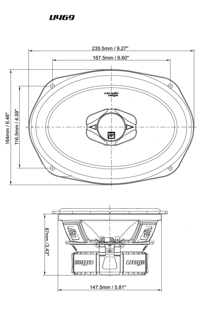 Diagram of an oval speaker labeled V469 from the Vega Series. The top view shows dimensions: 235.5mm wide, 164mm tall; side view depth is 80mm. It features a central cone with a frame and 