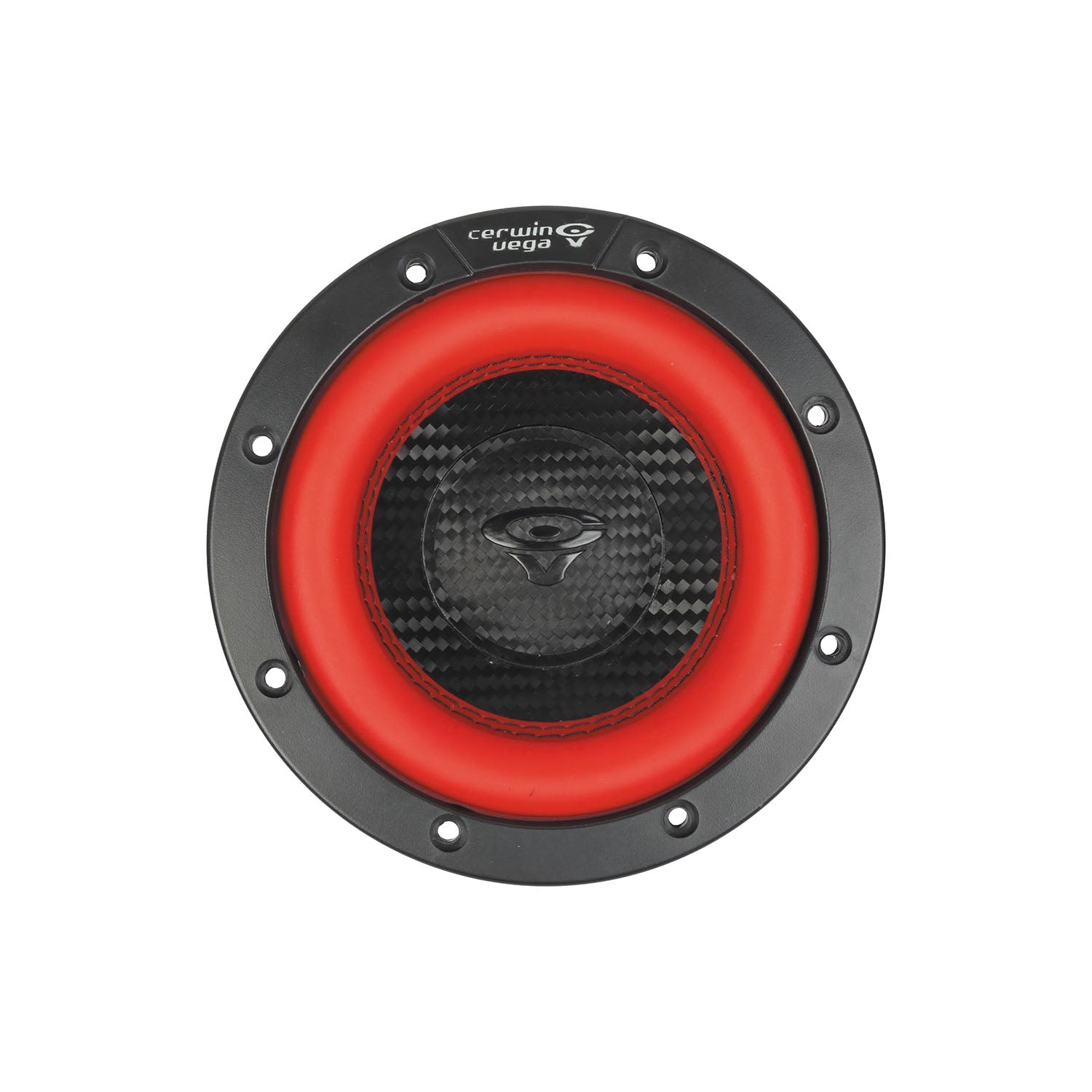 Close-up of the Vega 2025 Edition Subwoofer by Cerwin Vega, showcasing a sleek circular design with an outer black ring, bright red inner ring, and a textured black grille featuring an eye-like logo. A stylized 