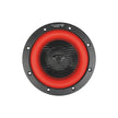 Close-up of the Vega 2025 Edition Subwoofer by Cerwin Vega, showcasing a sleek circular design with an outer black ring, bright red inner ring, and a textured black grille featuring an eye-like logo. A stylized 