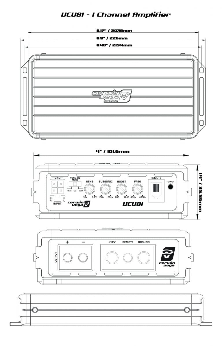 Diagram of the VEGA Class-D Digital Mono Amplifier-VCU81. Top view shows dimensions: 8.2