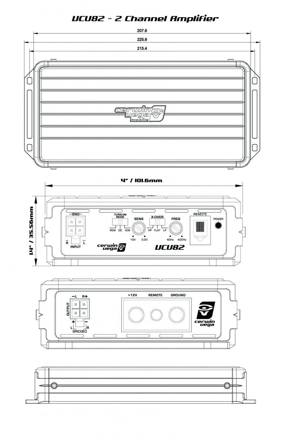 The technical diagram of the VEGA Class-D Digital 2 Channel Amplifier (VCU82) by Cerwin Vega shows dimensions and connectors. The front view displays the brand logo and controls, while the side view includes input ports, power connections, and settings for gain, crossover, and frequency adjustments.