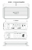 The technical diagram of the VEGA Class-D Digital 2 Channel Amplifier (VCU82) by Cerwin Vega shows dimensions and connectors. The front view displays the brand logo and controls, while the side view includes input ports, power connections, and settings for gain, crossover, and frequency adjustments.