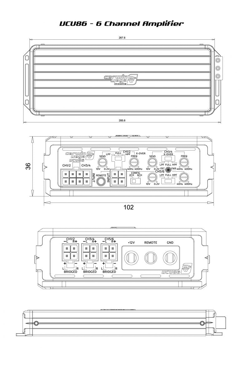 The technical diagram of the Cerwin Vega VEGA Class-D Digital 6 Channel Amplifier VCU86 displays front, top, and side views. It measures 295.5 mm in width and 102 mm in depth. The control panel features knobs and switches labeled for channels, input/output, and power with high-efficiency digital topology.