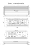 The technical diagram of the Cerwin Vega VEGA Class-D Digital 6 Channel Amplifier VCU86 displays front, top, and side views. It measures 295.5 mm in width and 102 mm in depth. The control panel features knobs and switches labeled for channels, input/output, and power with high-efficiency digital topology.