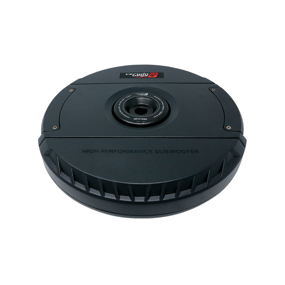 A sleek, modern round Spare Tire Subwoofer in black with a central circular component and bolt-like details on the sides. 