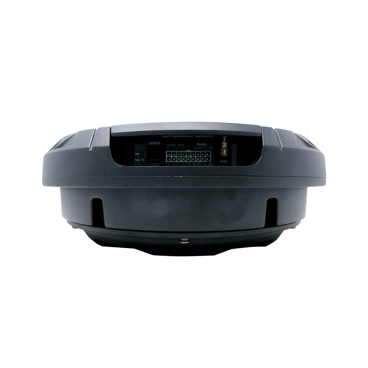The Spare Tire Subwoofer is a black, circular car audio device with a visible control panel featuring various connectors and settings, including a reset button. Its rugged design includes perimeter ridges against a white background.