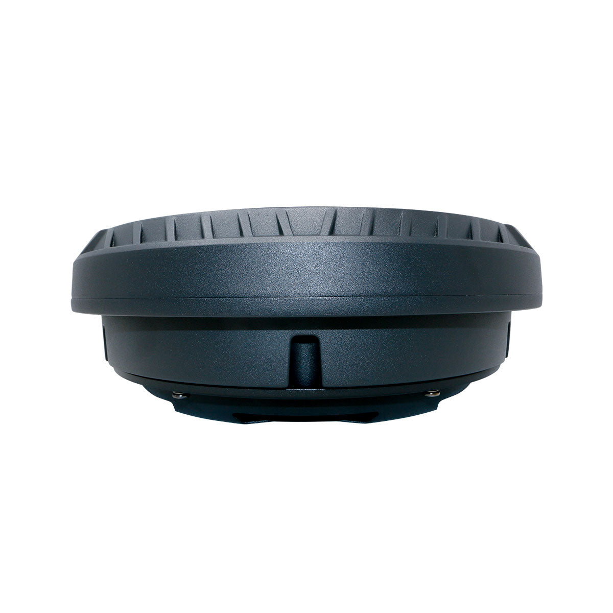Close-up of a round, dark gray Spare Tire Subwoofer with a grooved top surface. Its sleek design features subtle ridge details along the circumference and a thicker lower part with a small notch, hinting at modularity or a base component.