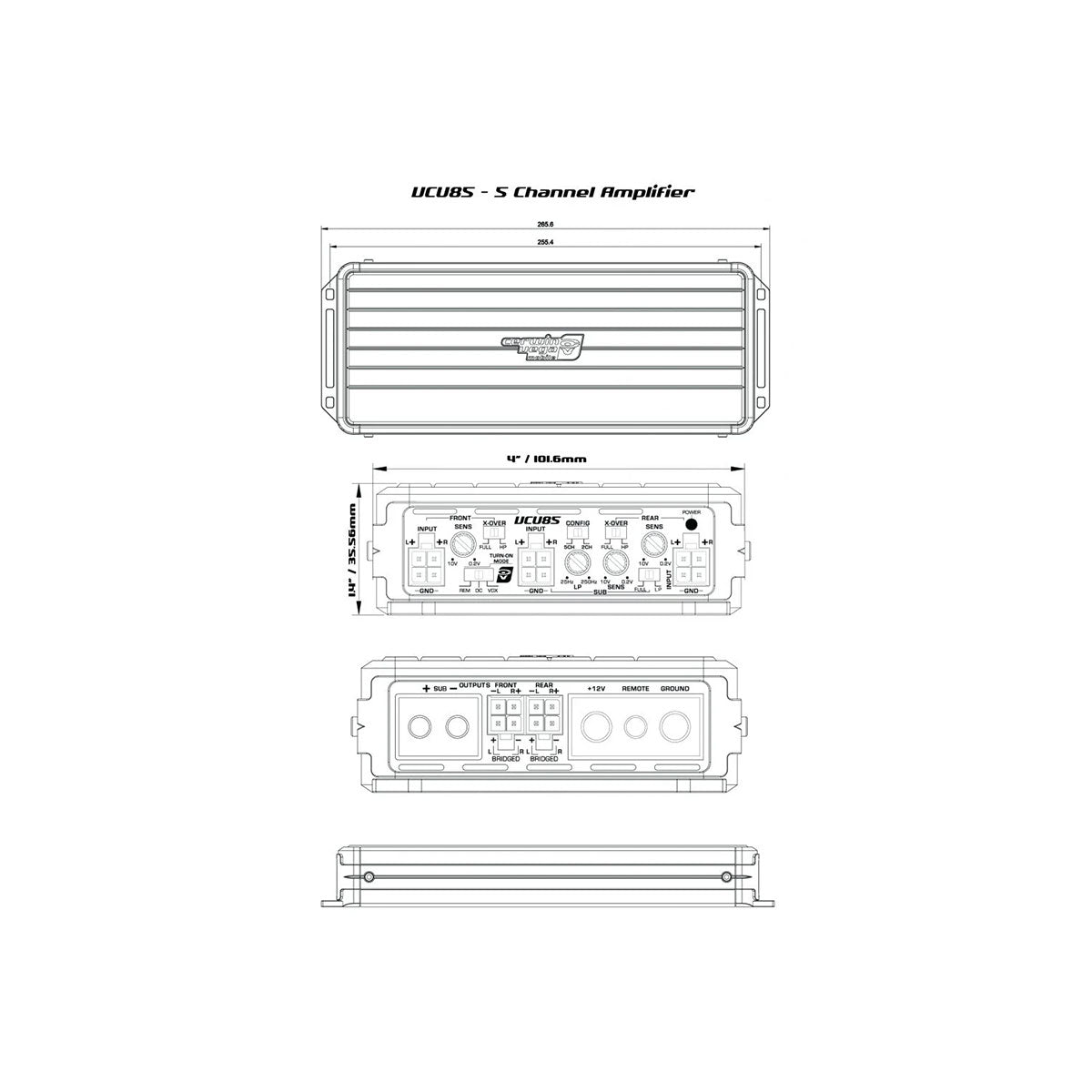 Technical diagram of a Cerwin Vega VEGA Class-D Digital 5 Channel Amplifier-VCU85 features a top view with ridged enclosure and logo, front view with labeled knobs and ports, and side views showing dimensions: 13.5