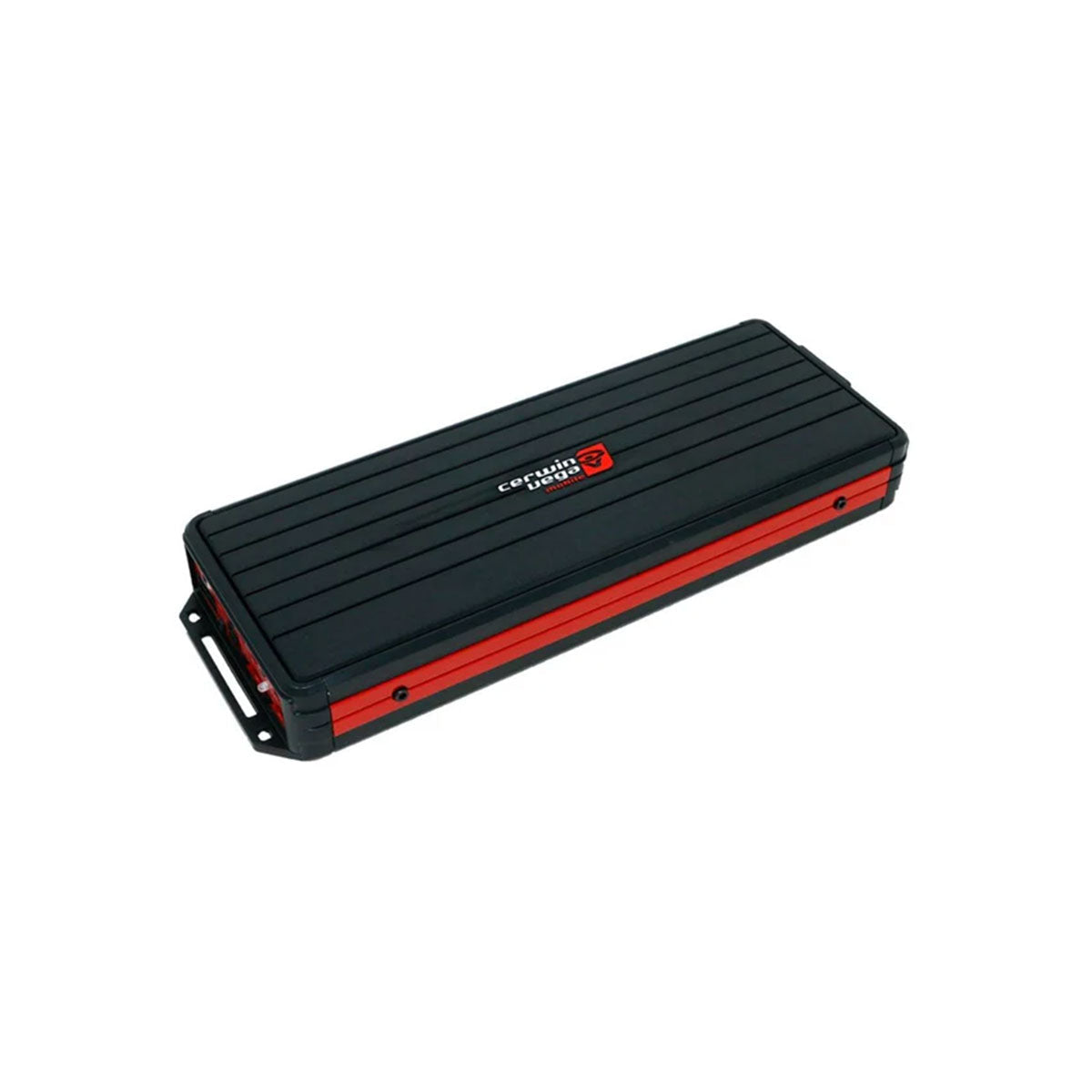 The black, rectangular VEGA Amplifier has a ribbed textured lid with red accents along the sides and a handle at one end, prominently displaying the Centurion Vault logo on top. Its design suggests security and durability.
