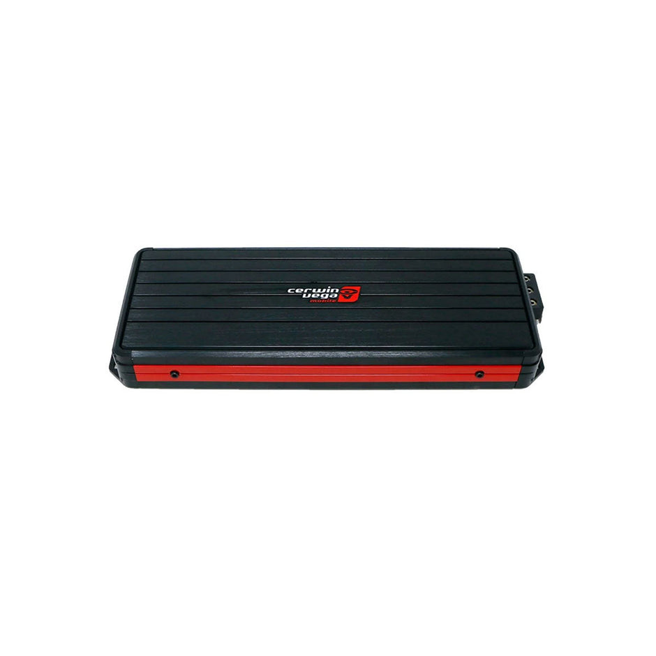 The VEGA Class-D Digital 6 Channel Amplifier - VCU86 from Cerwin Vega is a rectangular, ribbed black and red amplifier featuring the 