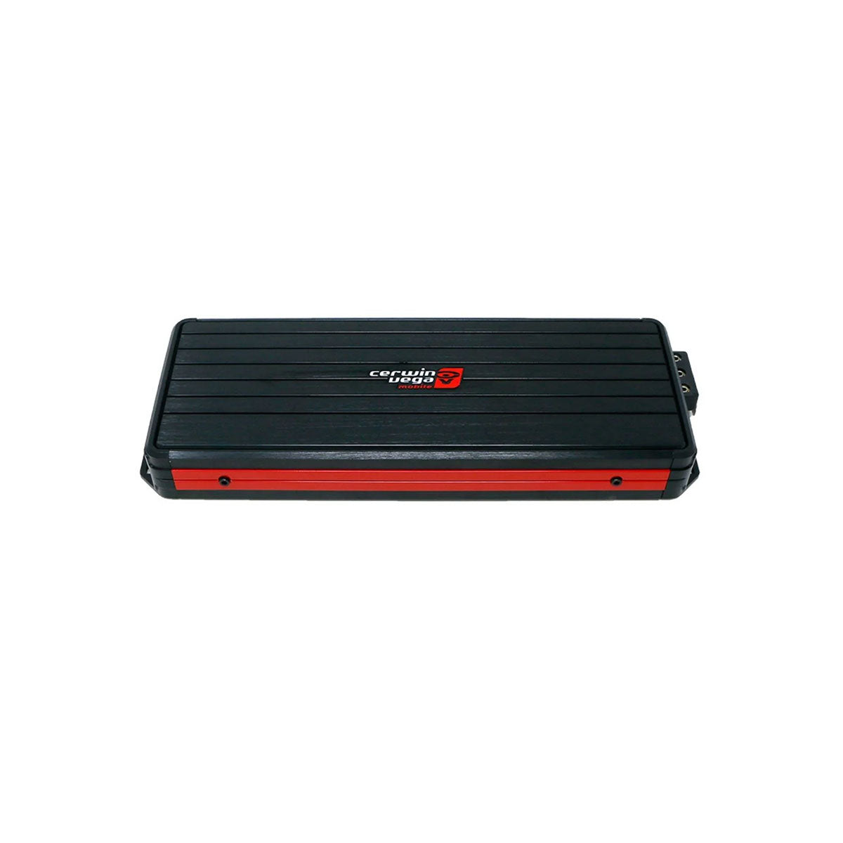 A black and red rectangular electronic device with horizontal ridges, featuring a central logo with 