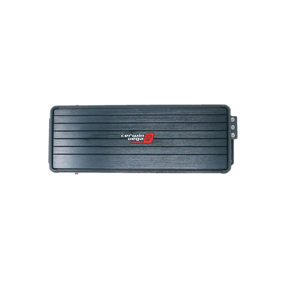 The VEGA Amplifier is a rectangular black car amplifier featuring a textured horizontal line design. It has a matte finish and displays the 