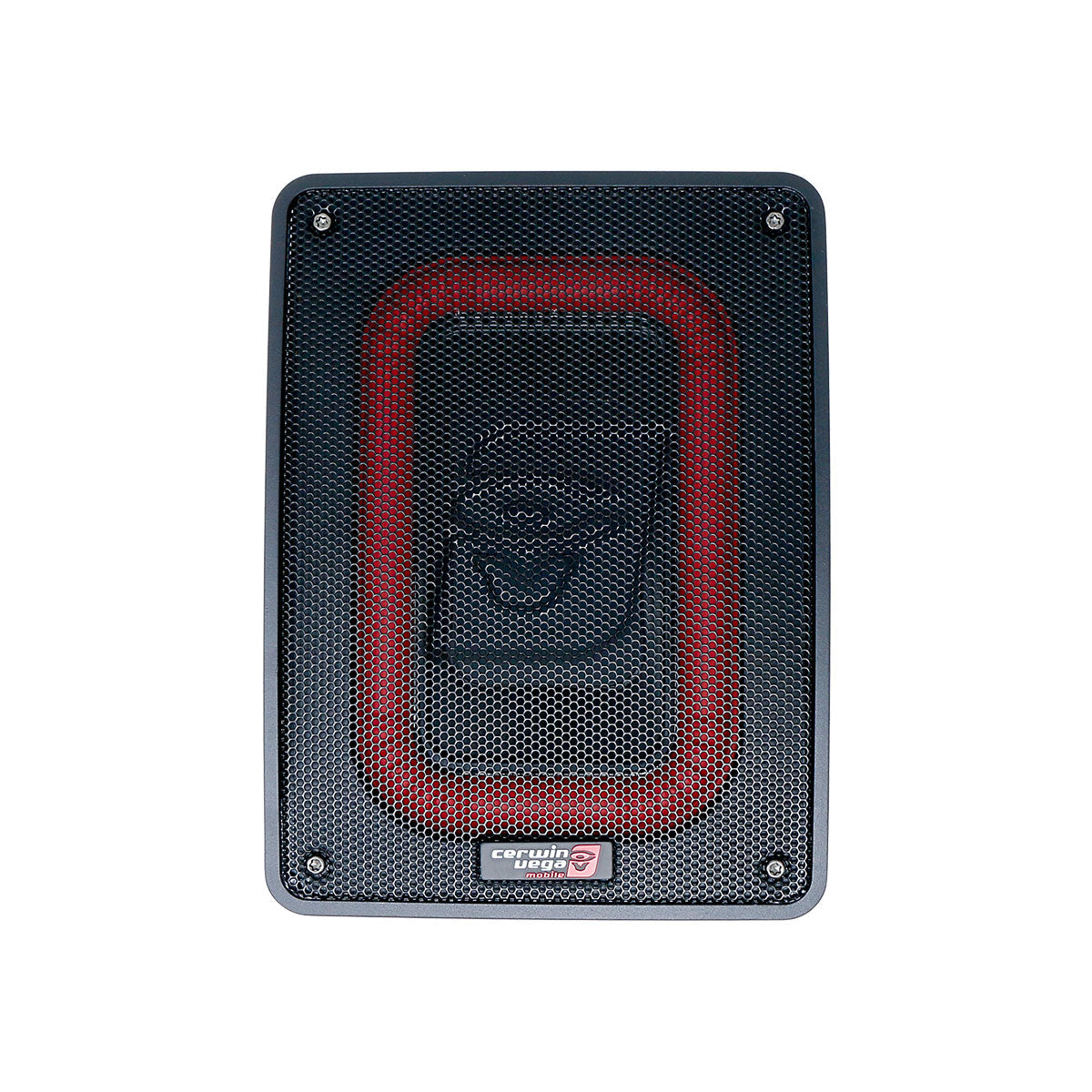 A rectangular black VEGA Active Subwoofer featuring a red-bordered mesh grille with a spiral logo in the center. It has rounded corners and a 
