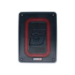 A rectangular black VEGA Active Subwoofer featuring a red-bordered mesh grille with a spiral logo in the center. It has rounded corners and a 