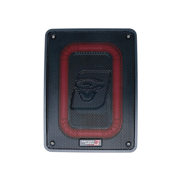 The VEGA Series Active 6"x8" Subwoofer Enclosure - VPAS68 features a rectangular black design with rounded edges, a red front grille outline, an abstract center pattern, and the "Crunch" label. It delivers an impressive bass solution package.