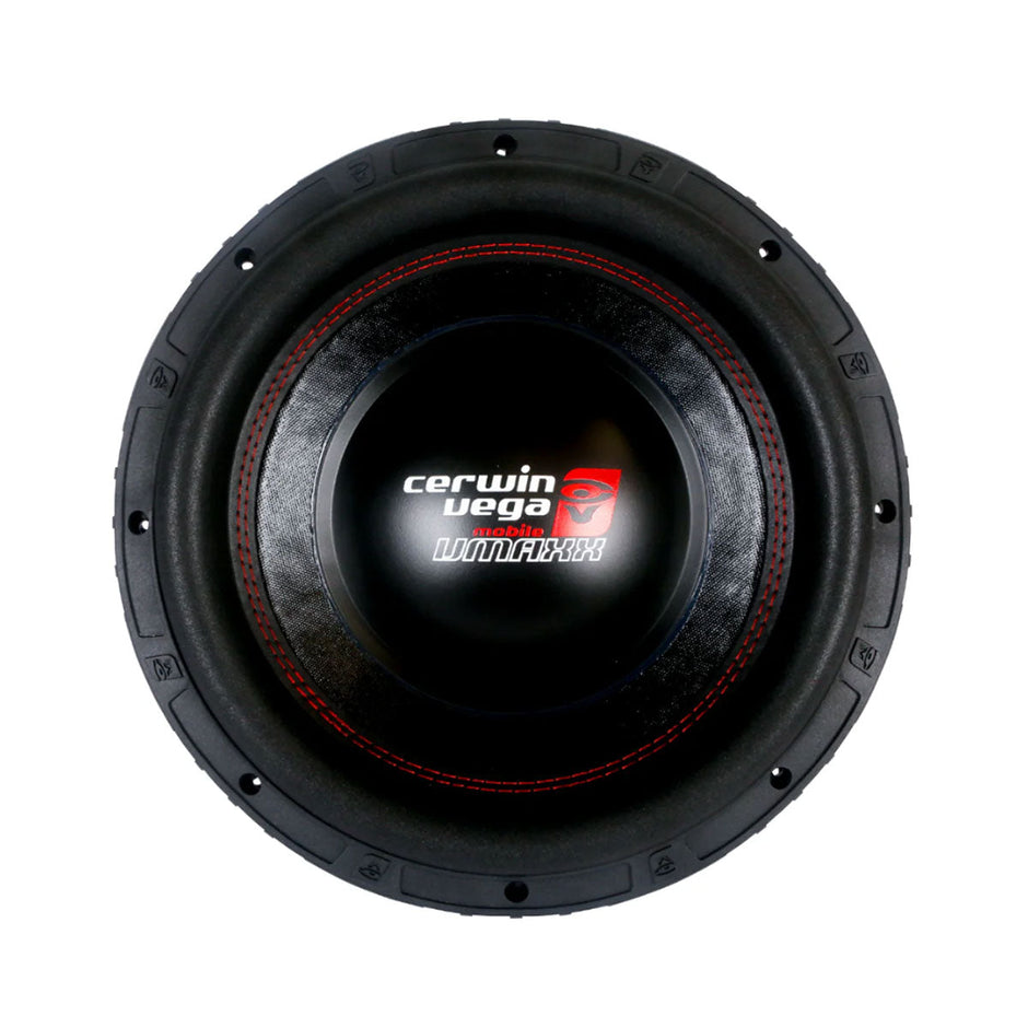 The VMAXX High Performance Subwoofer is round with a black cone, red stitching, and a metallic 
