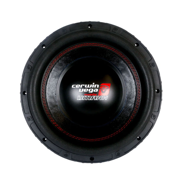 The VMAXX 15" DVC High-Performance Subwoofer (4Ω) - VMAX15D4 features a sleek circular design with a black cone and durable rubber surround. It highlights the signature white and red logo, red stitching, and unique ridges and symbols on the outer rim for a distinctive touch.
