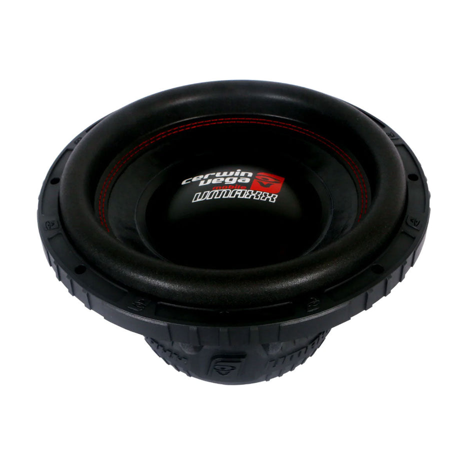 A black, circular VMAXX High Performance Subwoofer with a ridged rubber surround and central 