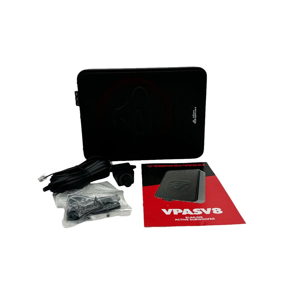 The image displays the VEGA Active Subwoofer package, featuring a sleek black subwoofer pad, a red and black 