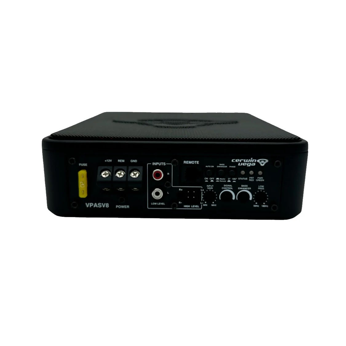 The black Under-Seat Bass Solution with VEGA BASS - VPASV8 features various front panel connectors and controls, including inputs, remote control, and power connections. Ideal for OEM integration, it boasts a 