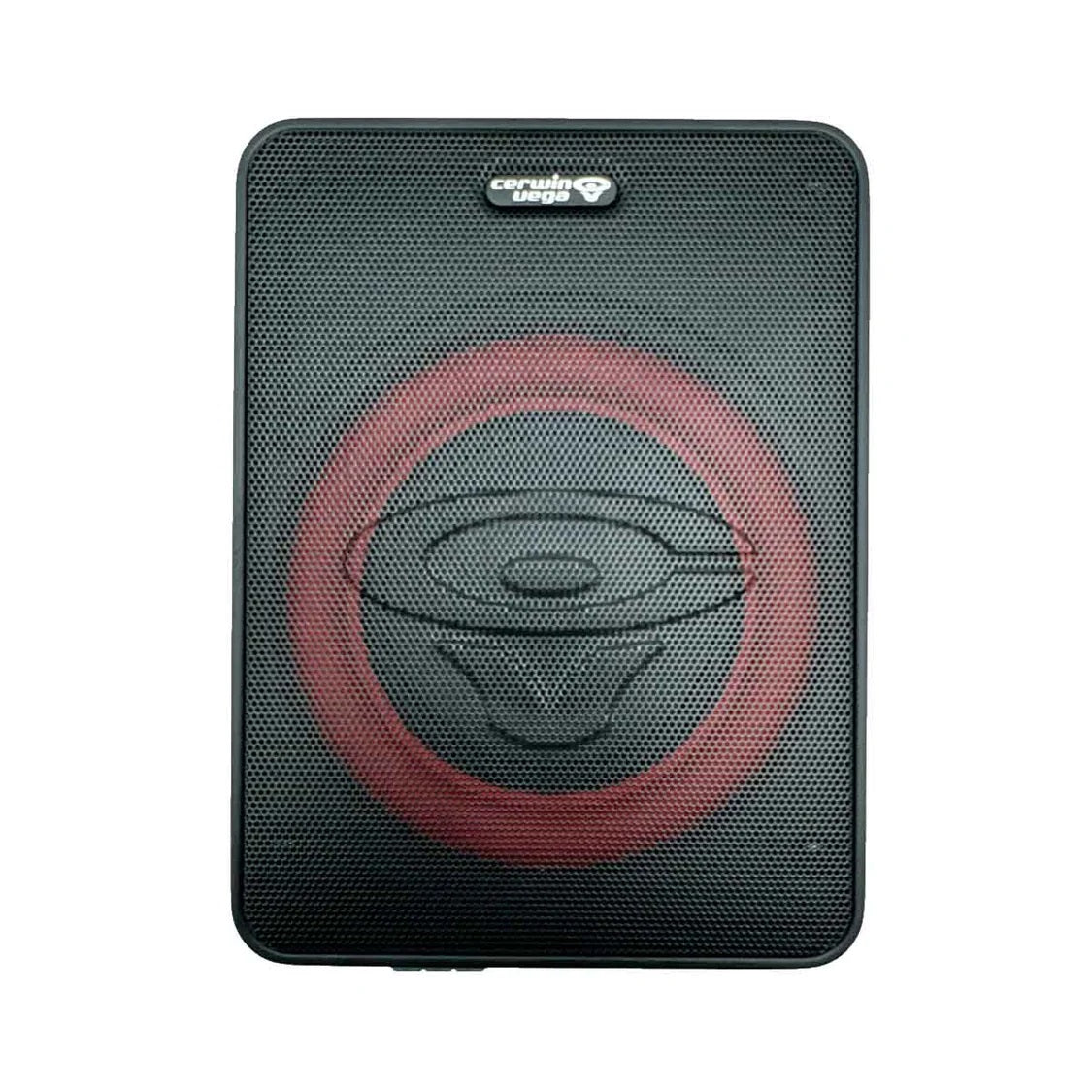 The VEGA Active Subwoofer showcases a rectangular design with a black mesh front and a red circular sound wave pattern. The 