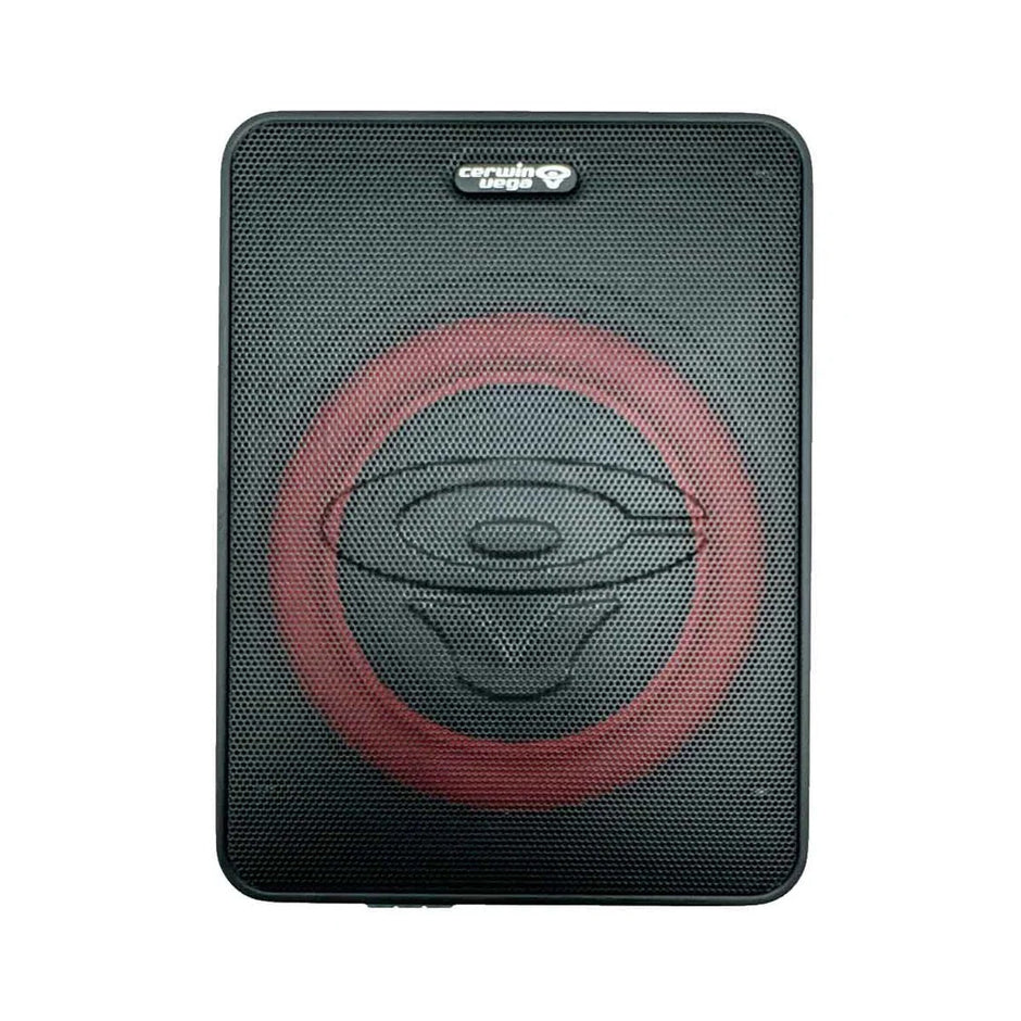 The VEGA Active Subwoofer showcases a rectangular design with a black mesh front and a red circular sound wave pattern. The 