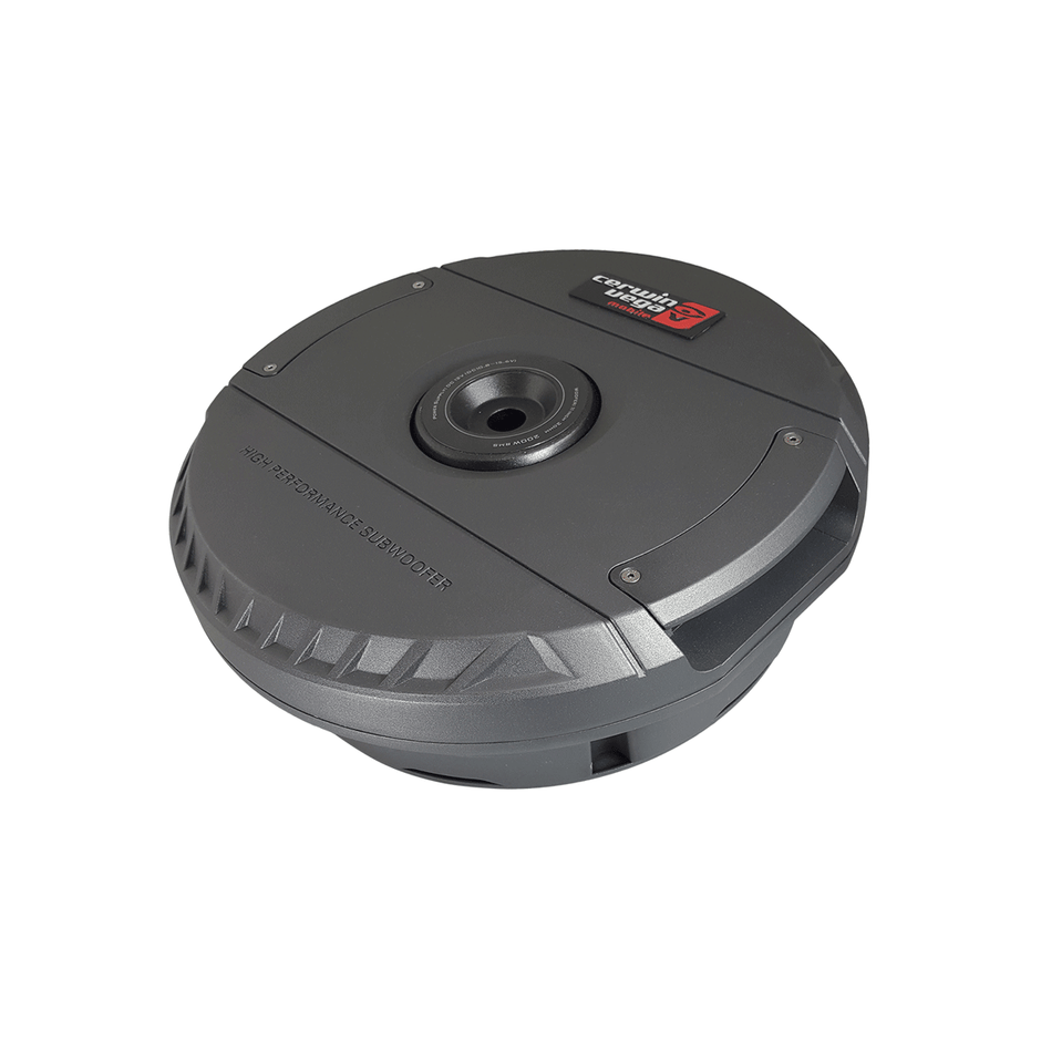 The Spare Tire Subwoofer is a stylish, round gray device with a sleek design. It features a circular, flat top with a central button and small red and black logo against its smooth surface and textured sides, suggesting modern functionality.