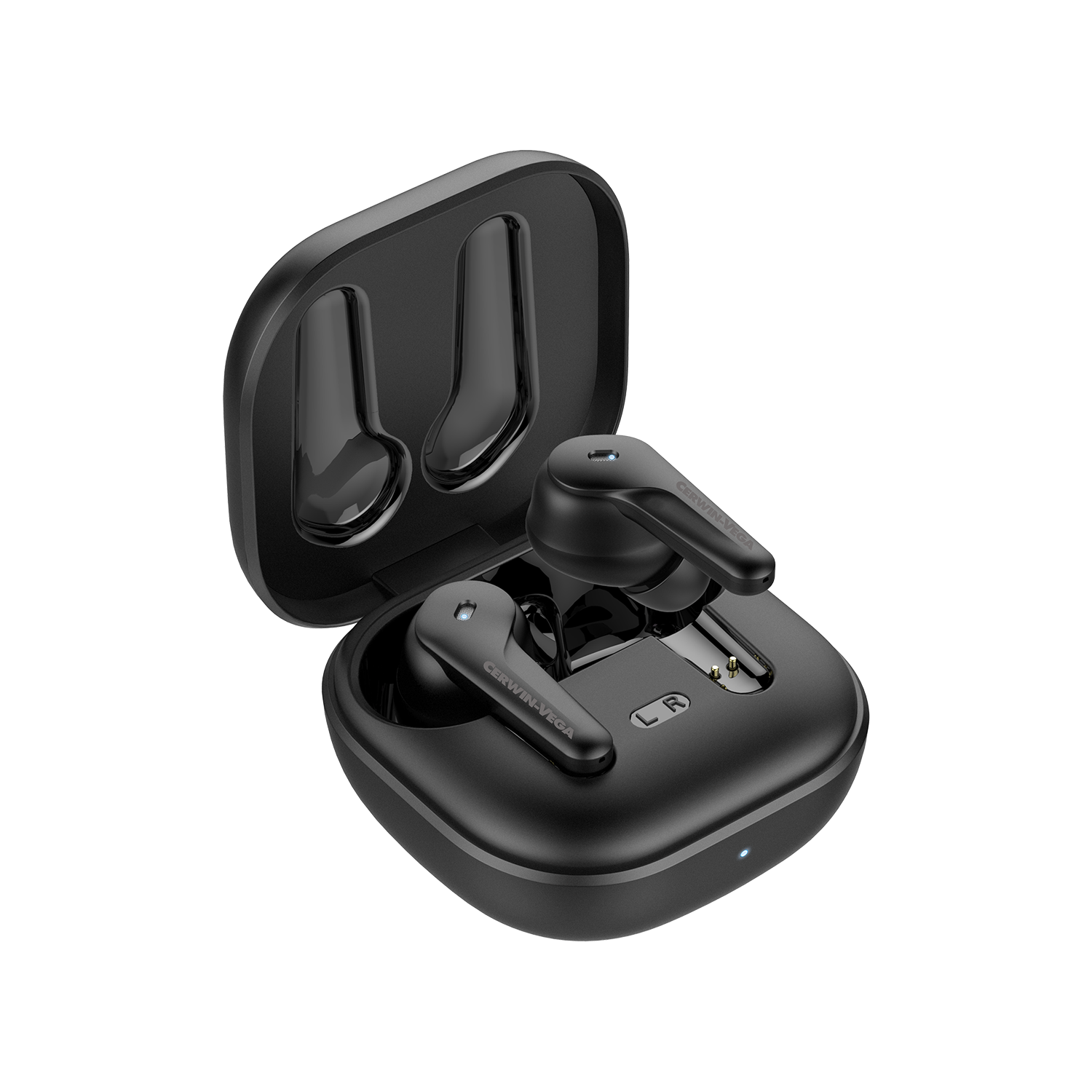 Meet the VegaBuds Wireless Earbuds – EB1, sleek black earbuds with premium sound. They come in an open square charging case with rounded corners and a front LED light. Enjoy active noise cancellation and clear left/right labels.