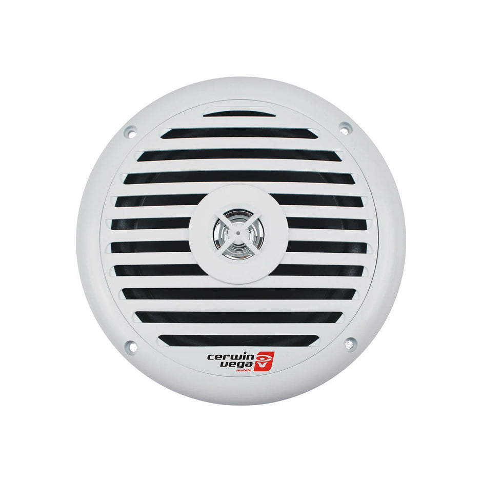 The RPM XED Marine Speakers are round and white with a black slatted grille and a central tweeter. They feature the 