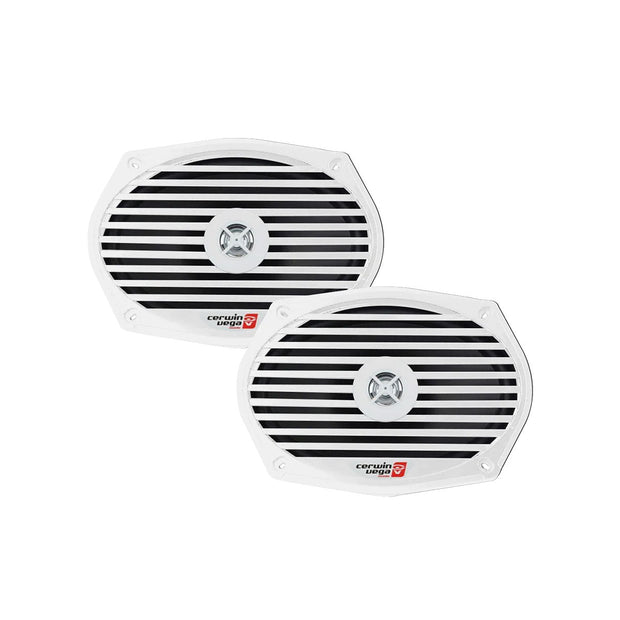 The RPM XED 6"x9" XM69W marine speakers, oval-shaped with black grill lines and Cerwin Vega logo, overlap slightly. Each coaxial speaker has a small circular center, and their UV-resistant design is highlighted against a plain white background.