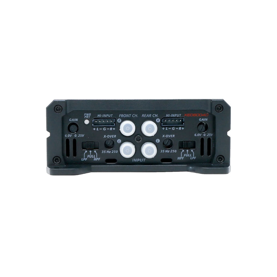This image showcases the XED Series 4-Channel Full Range Class-D Amplifier - XED6004D, featuring a black rectangular body with multiple white knobs for gain and crossovers, two switches, and various input/output ports. It utilizes advanced Class D Amplifier Technology.