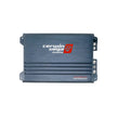 The image features the XED Series 1-Channel Mono Block Class-D Amplifier (XED3001D) by Cerwin-Vega Mobile. It’s a rectangular, high-performance car audio amplifier with a dark metallic finish and the iconic white and red logo, horizontal grooves, and connection ports on the right side.