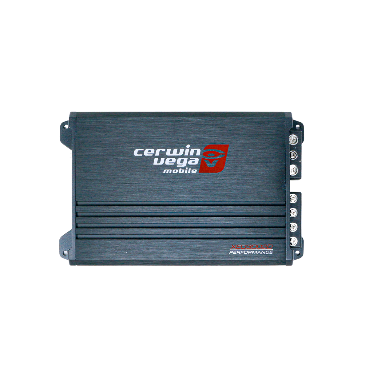 The black XED Series 2-Channel Class-D Amplifier by Cerwin Vega features a red and white logo, three grooves on the left, multiple connectors on the right. 