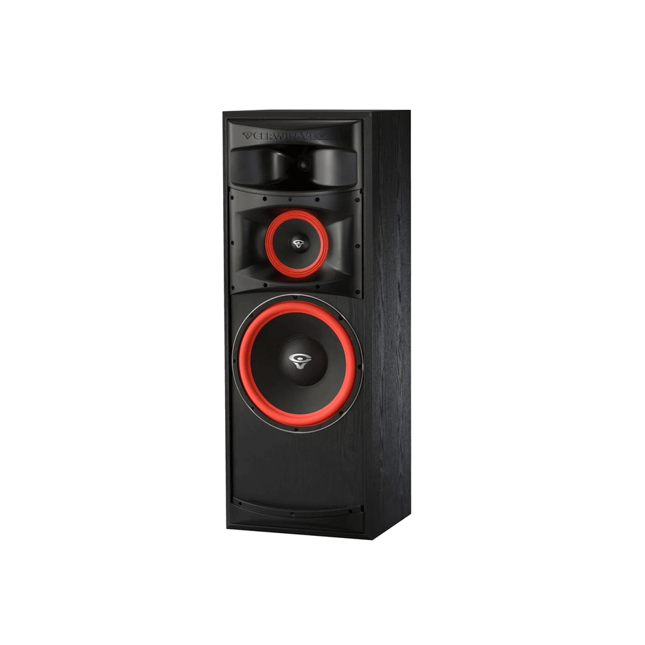 The Cerwin Vega XLS Series 12" 3-Way Floor Speaker (XLS-12) is tall, black, and floor-standing, boasting a modern design. It features two large red-rimmed circular drivers and a central tweeter in a sleek wood-textured cabinet with the brand logo at the top.