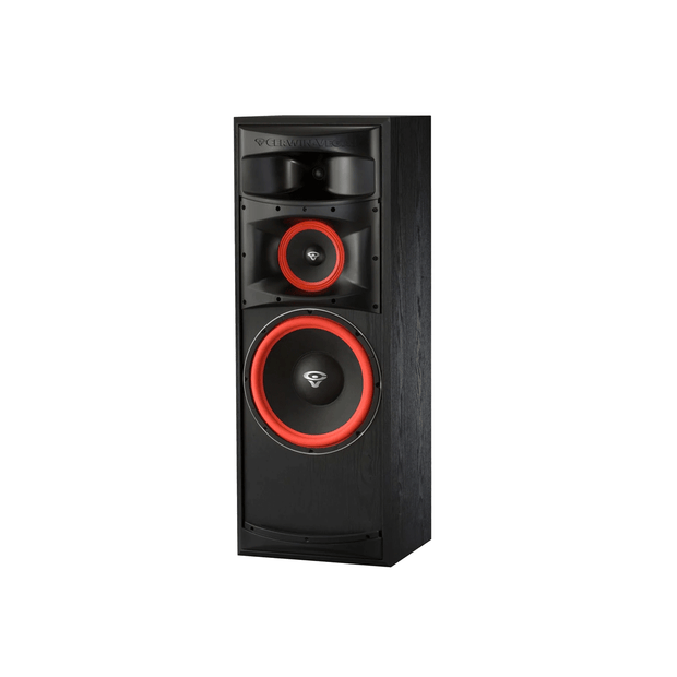 The Cerwin Vega XLS Series 12" 3-Way Floor Speaker (XLS-12) is tall, black, and floor-standing, boasting a modern design. It features two large red-rimmed circular drivers and a central tweeter in a sleek wood-textured cabinet with the brand logo at the top.