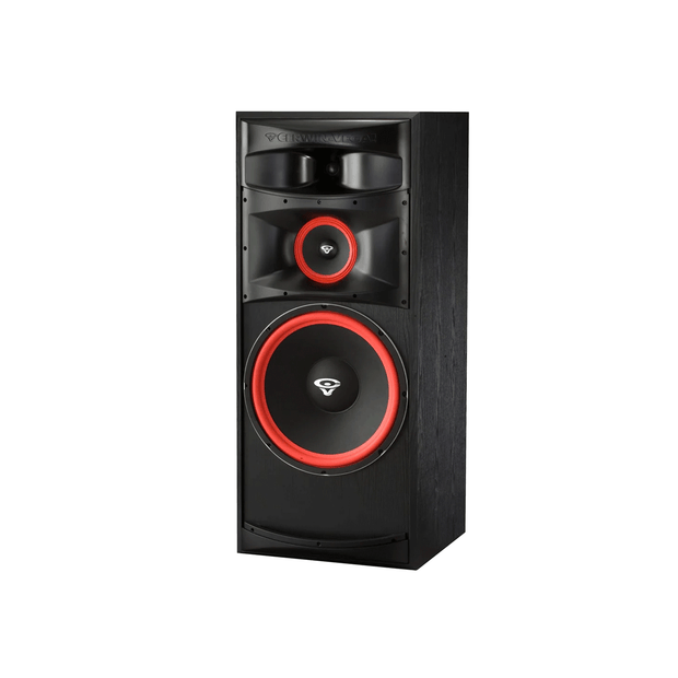 The Cerwin-Vega XLS Series 15" 3-Way Floor Speaker (XLS-15) features a sleek rectangular design with wood texture, a large woofer with a red ring, a smaller midrange above, and a horn tweeter on top, making it ideal for home audio enthusiasts.