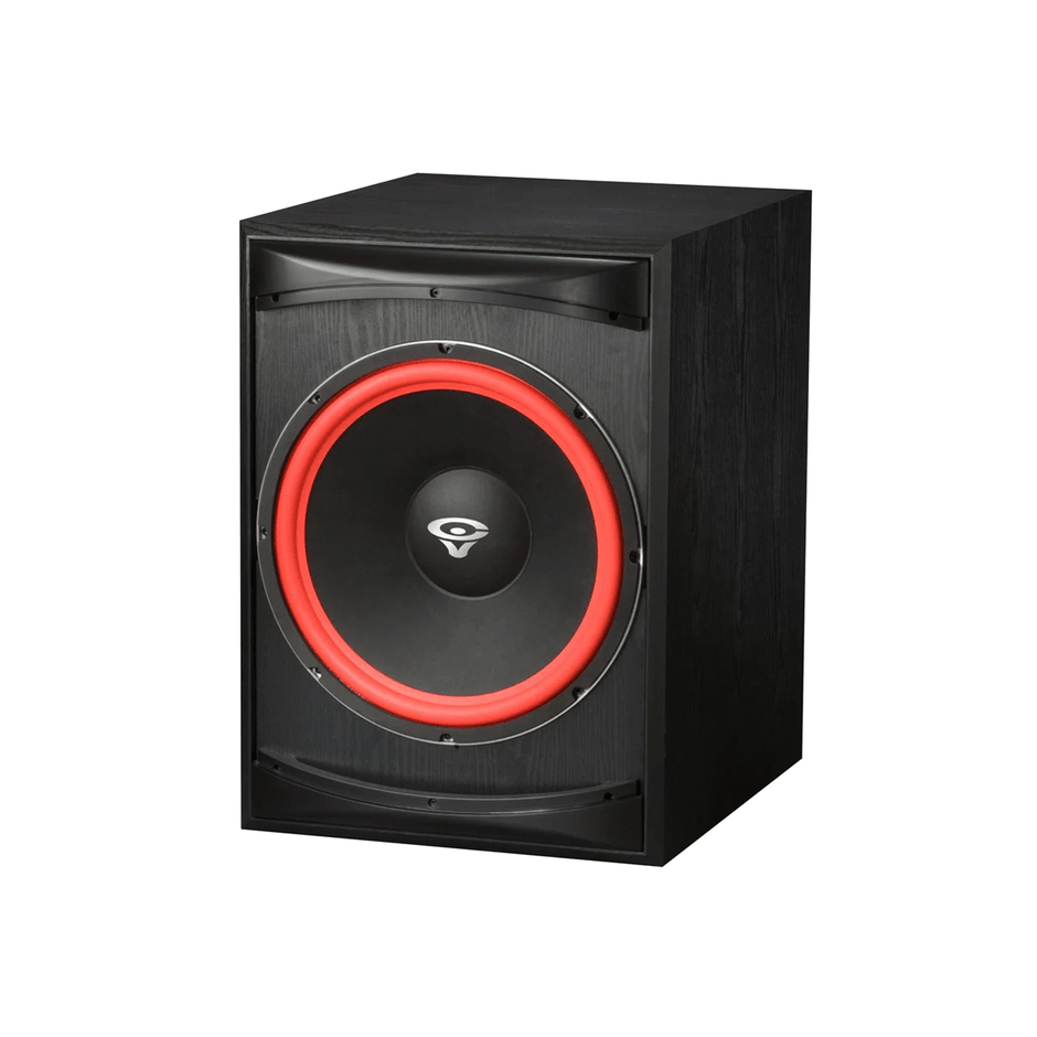 The Cerwin Vega XLS Series Pro / Home Audio speaker is black and rectangular, featuring a sleek design with textured sides. It has a large red circular rim in the front panel surrounding a central cone with an eye or wave-like logo, all set against a plain white background.