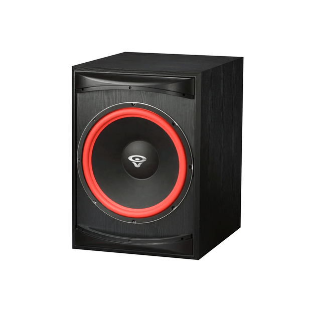 The Cerwin Vega XLS Series Pro / Home Audio speaker is black and rectangular, featuring a sleek design with textured sides. It has a large red circular rim in the front panel surrounding a central cone with an eye or wave-like logo, all set against a plain white background.