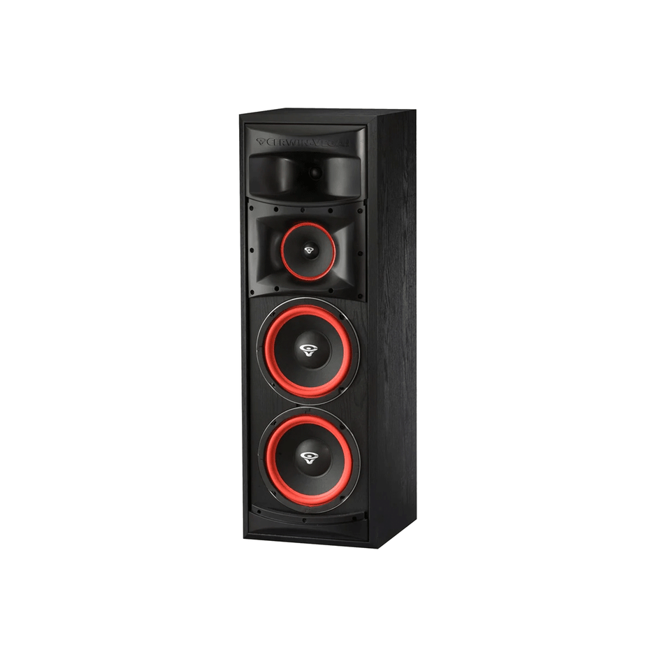 The XLS Series Dual 8" 3-Way Floor Speaker - XLS-28 boasts three circular drivers with striking red accents, a tweeter at the top, and a textured black wood finish that enhances its modern design. A subtle logo is visible at the top, completing its sleek look.