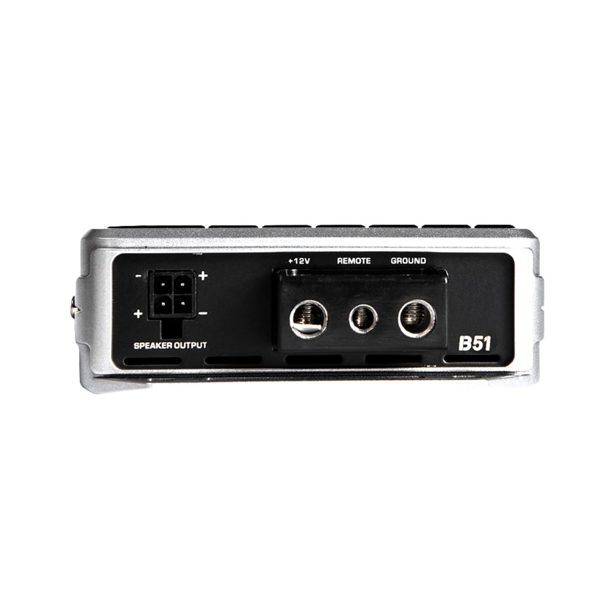 The Cerwin Vega Stealth Bomber Mono Digital Amplifier-B51 features a class D IR chipset, four-pin speaker output on the left, central ports labeled 